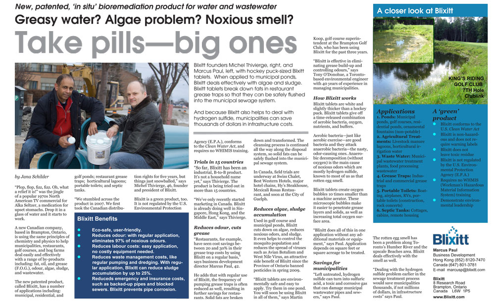 For our client Blixitt, that manufactures and distributes an eco-friendly bio-surfactant that destroys grease, algae and hydrogen sulphide gas (rotten egg smell), we created this hybrid marcom product that looked like a 2-page editorial layout.